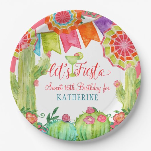 フェスタのサボテンのピンクの菓子の第16誕生会 ペーパープレート (正面)
