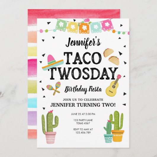 フェスタのタコスのTwosdayのサボテンの女の子の第2誕生会 招待状 (正面/裏面)