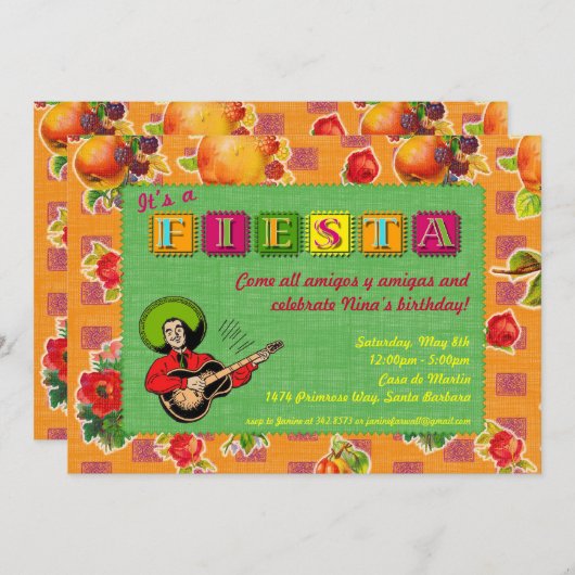 フェスタのパーティの招待状-マリアッチはオレンジに人を配置します 招待状 (正面/裏面)