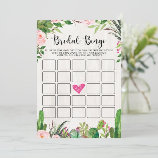 フェスタのブライダルシャワーのゲームのサボテンのピンクの花柄カード 招待状 (スタンド正面)