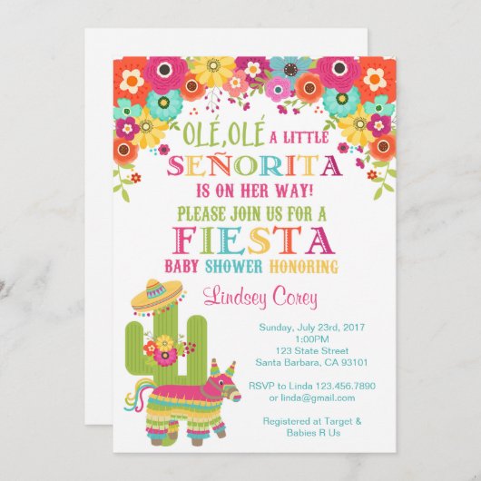 フェスタのベビーシャワーInvitation~ Piñataおよび花 招待状 (正面/裏面)