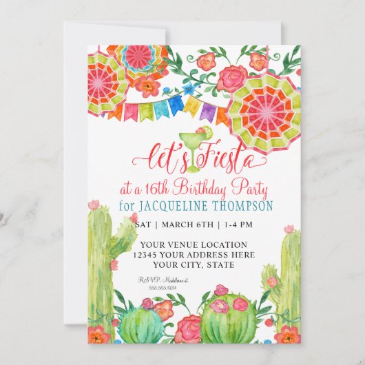 フェスタのマルガリータのサボテンの写真の菓子の第16誕生日 招待状 (正面)