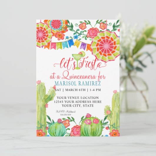 フェスタのマルガリータのサボテンの写真の誕生日キンセアニェラ 招待状 (スタンド正面)