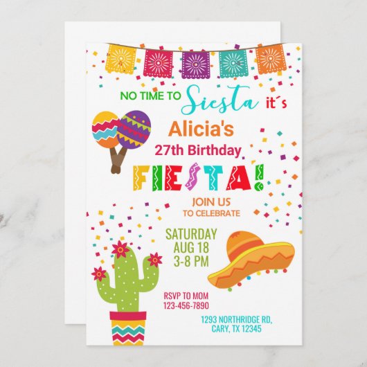 フェスタの女の子の誕生日の招待、任意の年齢の誕生日。 招待状 (正面/裏面)