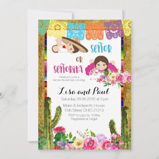 フェスタの性は招待状SeñorかSeñoritaを明らかにします 招待状 (正面)