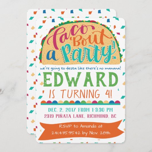 フェスタの招待状のタコスの一続きパーティー 招待状 (正面/裏面)