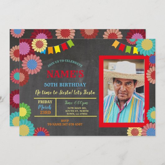 フェスタの誕生日の写真のメキシコピンクファンの赤い青 招待状 (正面/裏面)