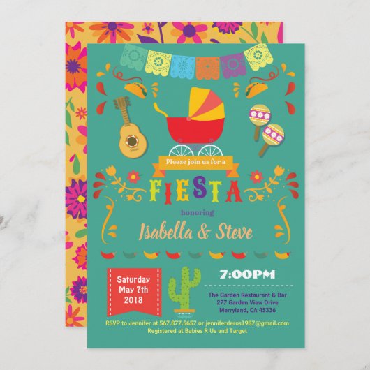 フェスタの赤ちゃんシャワー男女兼用グリーン 招待状 (正面/裏面)