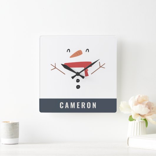 フェスティバルおもしろいかわいいパーソナライズされた雪だるまの子供たち スクエア壁時計 (ホーム)