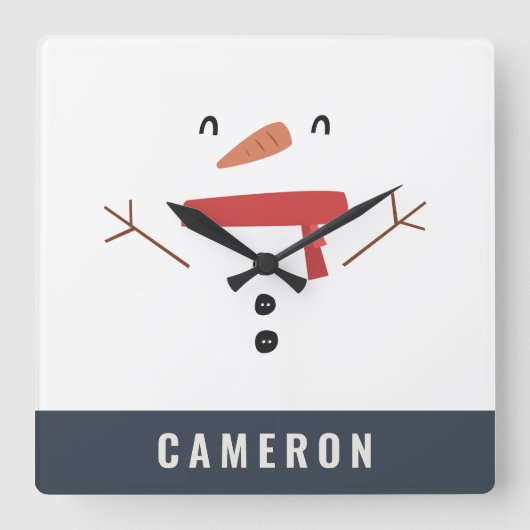 フェスティバルおもしろいかわいいパーソナライズされた雪だるまの子供たち スクエア壁時計 (正面)