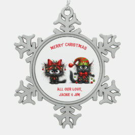 フェスティバルおもしろいの疲れ果てた黒いクリスマス猫 スノーフレークピューターオーナメント