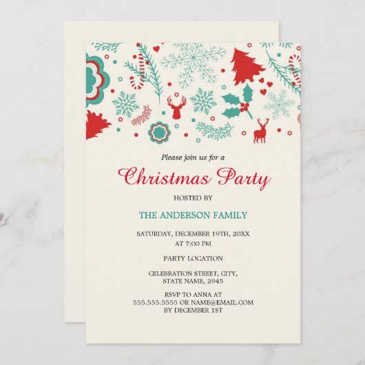 フェスティバルおもしろいグリーンレッドクリスマスパーティの招待状 招待状 (正面/裏面)