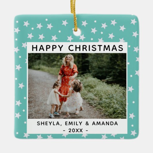 フェスティバルおもしろいターコイズ星模様の写真 セラミックオーナメント (正面)