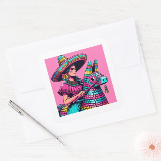 フェスティバルおもしろいフィエスタピニャータパーティーステッカー スクエアシール (封筒)