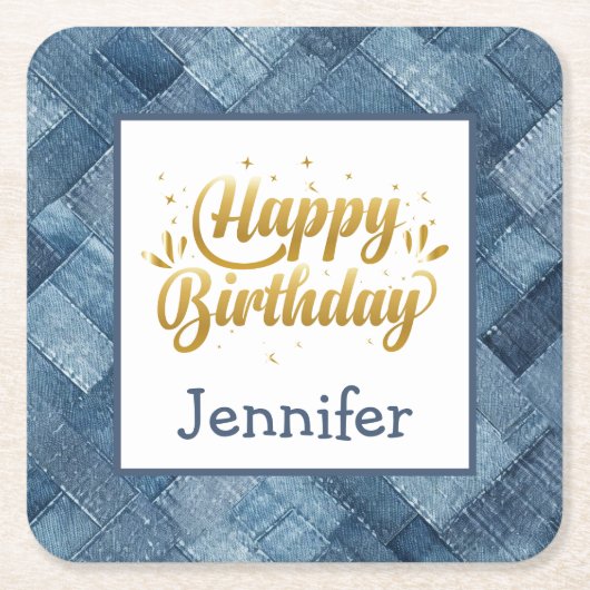 フェスティバルおもしろいブルージャンデニム誕生日紙コースター スクエアペーパーコースター (正面)