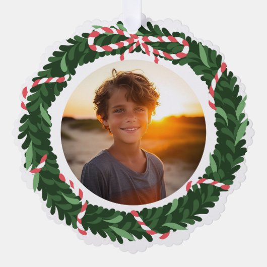 フェスティバルおもしろいホリデーリースカスタムフォトレター オーナメントカード (正面)