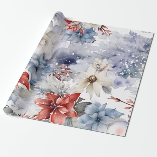 フェスティバルお洒落ヴィンテージスノークリスマス花模様 ラッピングペーパー (アンロールド)