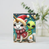 フェスティバルかわいいクリスマスエイリアンとユニコーン ポストカード (スタンド正面)