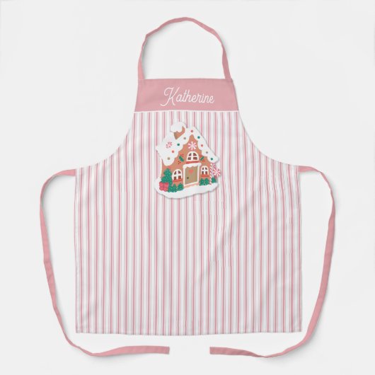 フェスティバルかわいいピンクジンジャーブレッドストライプハウス名 エプロン (正面)