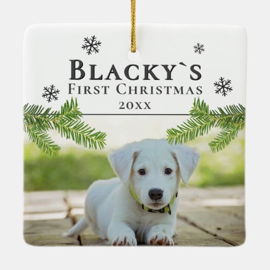 フェスティバルかわいい初めてのクリスマス子犬の写真 セラミックオーナメント (裏面)