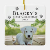 フェスティバルかわいい初めてのクリスマス子犬の写真 セラミックオーナメント (正面)