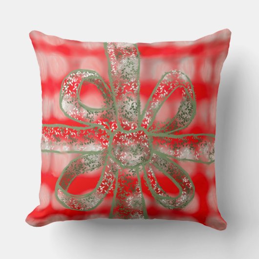 フェスティバルかわいい格子赤い灰色のセージ緑の弓 クッション (正面)