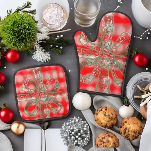 フェスティバルかわいい格子赤い灰色のセージ緑の弓 鍋つかみ&鍋敷きセット