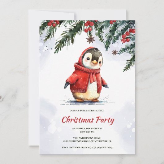 フェスティバルかわいい水色ペンギンのクリスマスパーティー 招待状 (正面)
