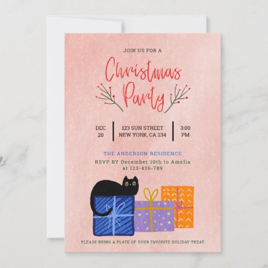 フェスティバルかわいい黒猫コーヒーピンクのクリスマスパーティー シーズンカード (正面)