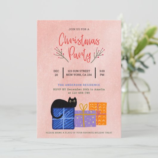 フェスティバルかわいい黒猫コーヒーピンクのクリスマスパーティー シーズンカード (スタンド正面)