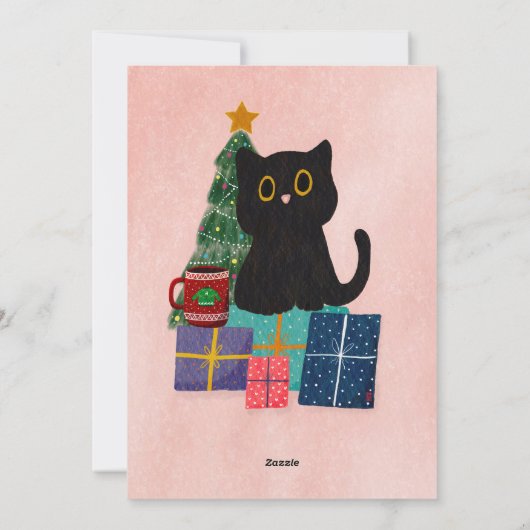 フェスティバルかわいい黒猫コーヒーピンクのクリスマスパーティー シーズンカード (裏面)
