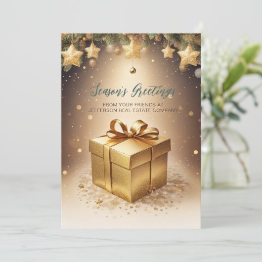 フェスティバルきらめく金ゴールドクリスマスプレゼント会社 シーズンカード (スタンド正面)