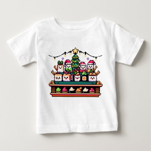 フェスティバルすしクリスマスツリー – かわいいピクセルアート ベビーTシャツ (正面)
