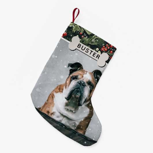 フェスティバルのカスタム葉の犬の写真と名前 スモールクリスマスストッキング (正面 (吊り時))