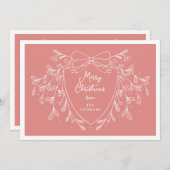 フェスティバルのクリスマスクレストとヤドリギのライトコーラル シーズンカード (正面/裏面)