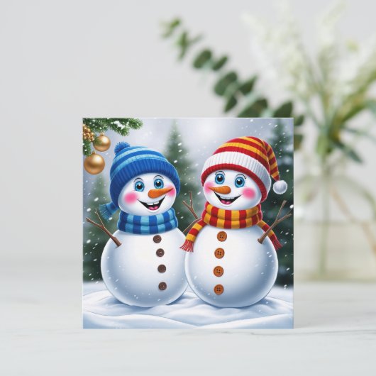 フェスティバルのクリスマス雪だるまの冬の森 シーズンカード (スタンド正面)