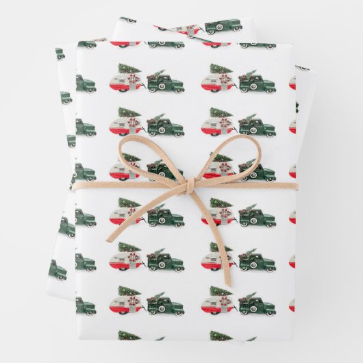 フェスティバルのトラックとキャンピングクリスマスレッドとグリーン ラッピングペーパーシート (インサイチュ)