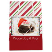 フェスティバルのパグでレッドサンタハットとクリスマスライト ミディアムペーパーバッグ (正面)