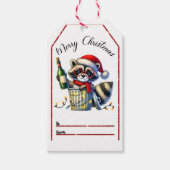 フェスティバルのボトルとクリスマスライトを持つアライグマ ギフトタグ (正面)