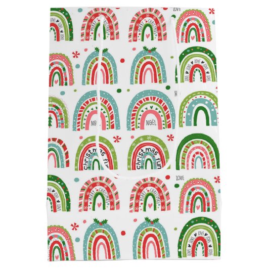 フェスティバルのモダンクリスマスレインボーパターン ミディアムペーパーバッグ (裏面)