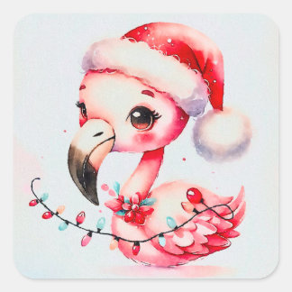 フェスティバルの可愛いフラミンゴがクリスマスライトに包まれ スクエアシール