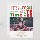 フェスティバルの明るい赤い緑のクリスマスフォト シーズンカード (正面)