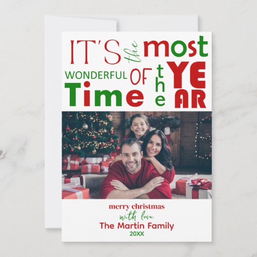 フェスティバルの明るい赤い緑のクリスマスフォト シーズンカード (正面)