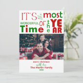 フェスティバルの明るい赤い緑のクリスマスフォト シーズンカード (スタンド正面)