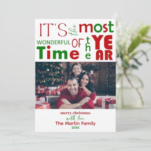 フェスティバルの明るい赤い緑のクリスマスフォト シーズンカード (スタンド正面)