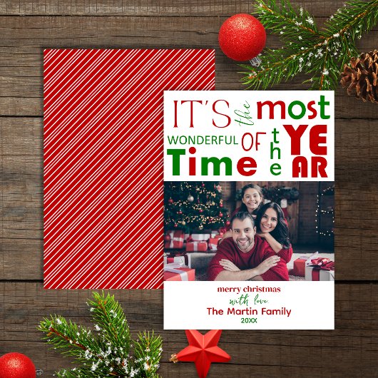 フェスティバルの明るい赤い緑のクリスマスフォト シーズンカード