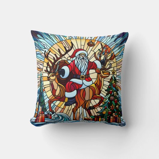 フェスティバルの木の間のサンタ乗りトナカイ飾 クッション (正面)