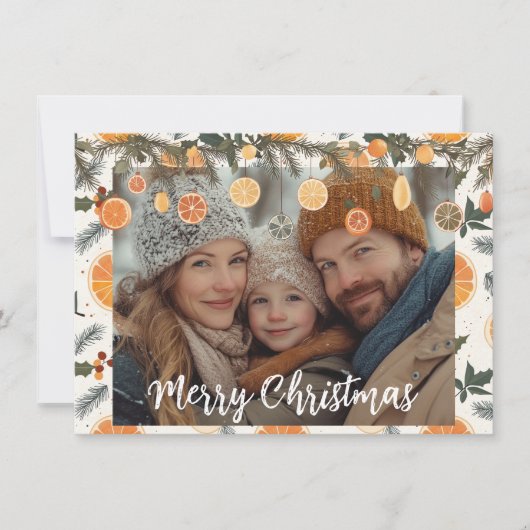 フェスティバルの松とオレンジのクリスマスパーソナライズされた カード (正面)
