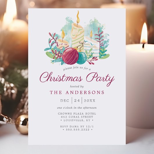 フェスティバルの水の色キャンドルパープルクリスマスパーティー 招待状