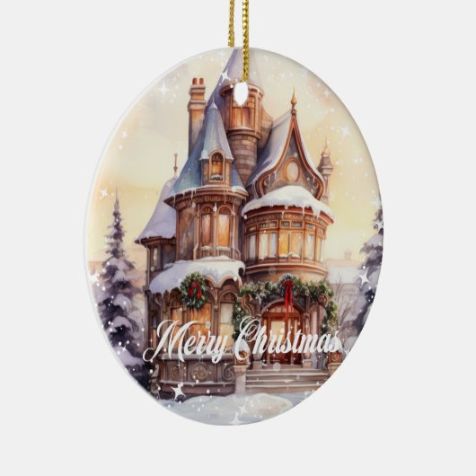フェスティバルの水の色クリスマスヴィンテージハウス冬 セラミックオーナメント (右)